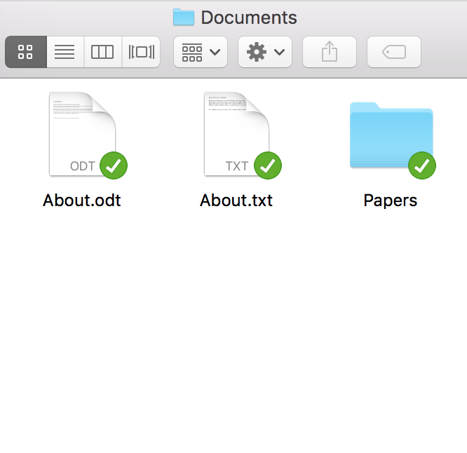 Screenshot of macOS Finder with a folder open containing some files
      and green checks on their icons indicating that they are synched