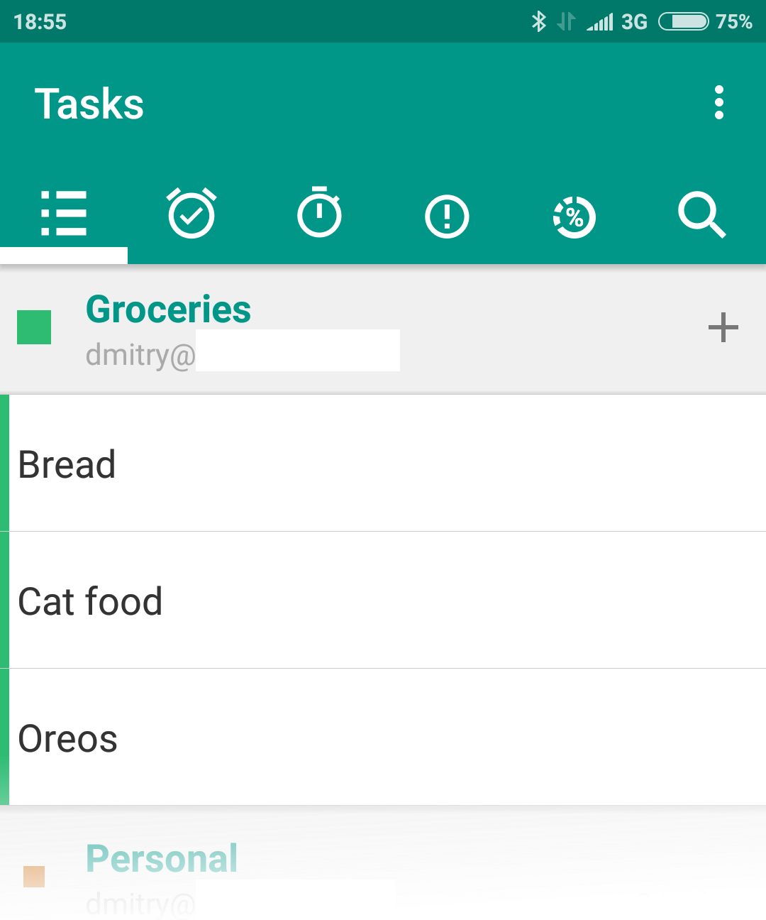 Screenshot of Android OpenTasks app with a Groceries list, which contains bread,
oreos and cat food