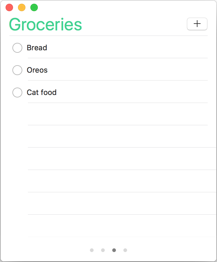 Screenshot of macOS Reminders app with a Groceries list, which contains bread,
oreos and cat food